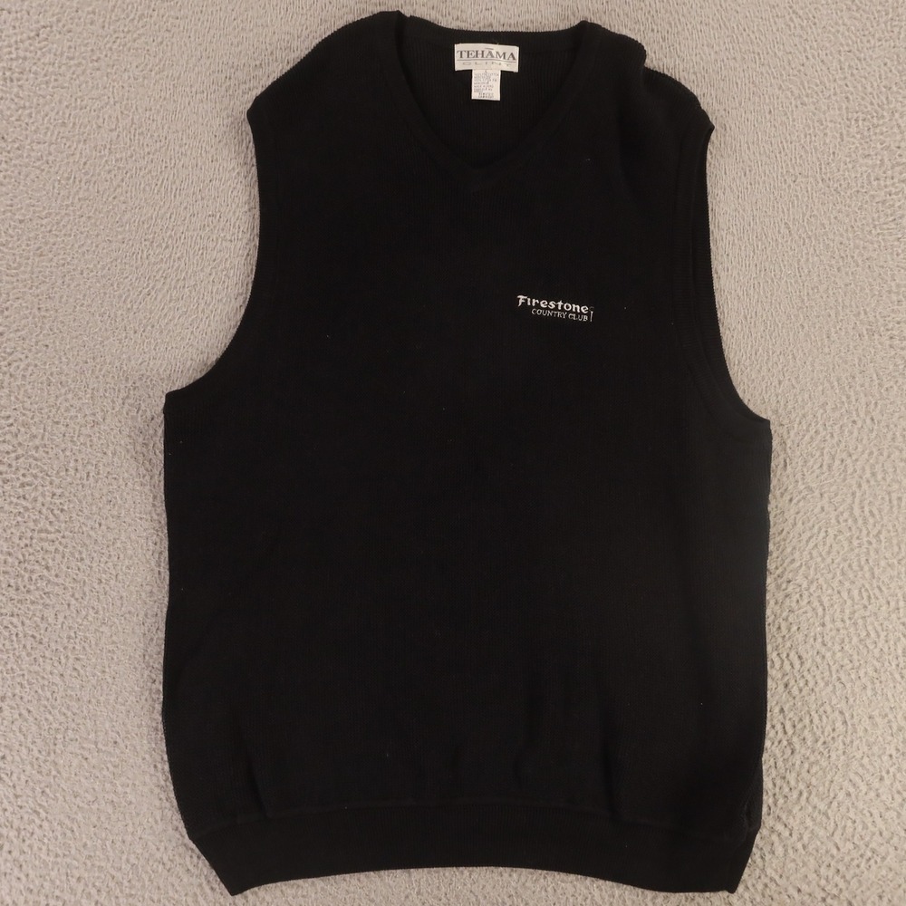 Tehama Sweater Mens L Black 100% Cotton Mercerized Vest Firestone Country Club